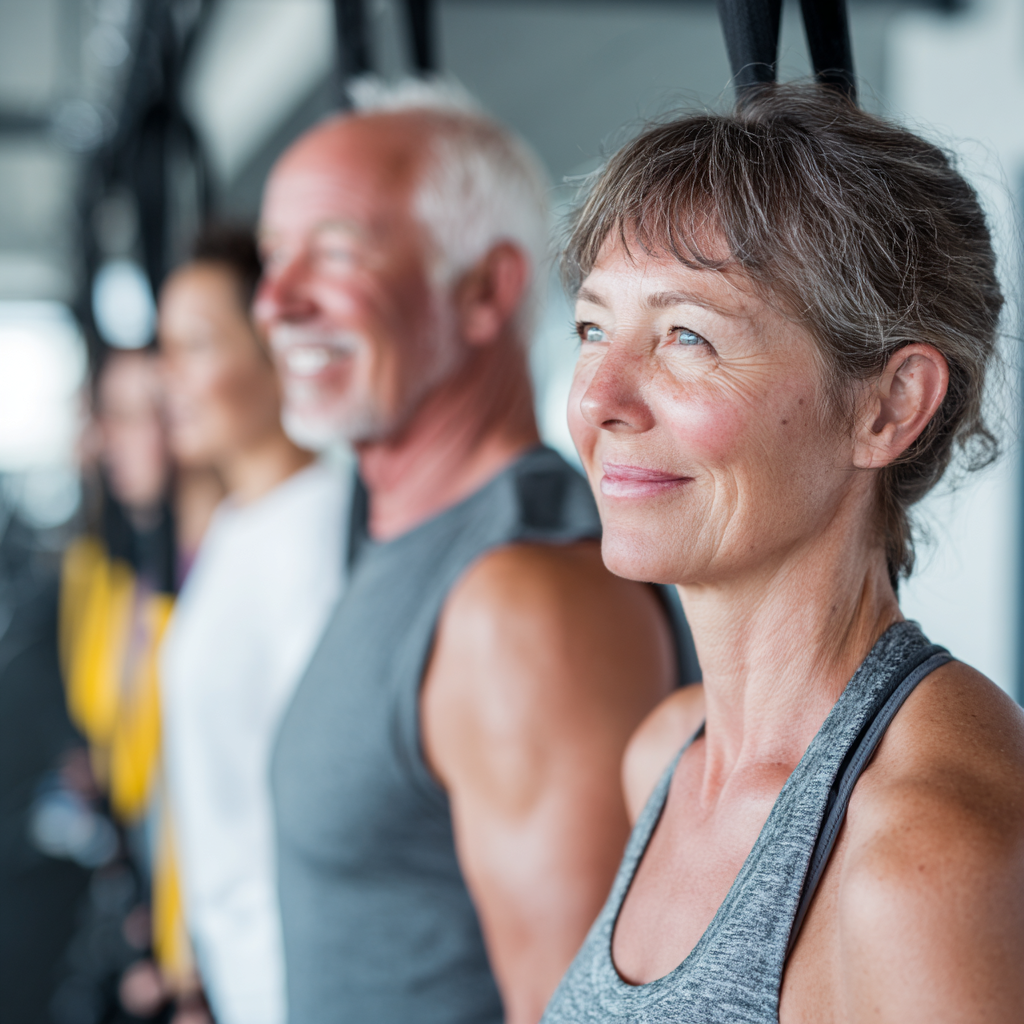 group of mature adults doing functional training in bright fitness center